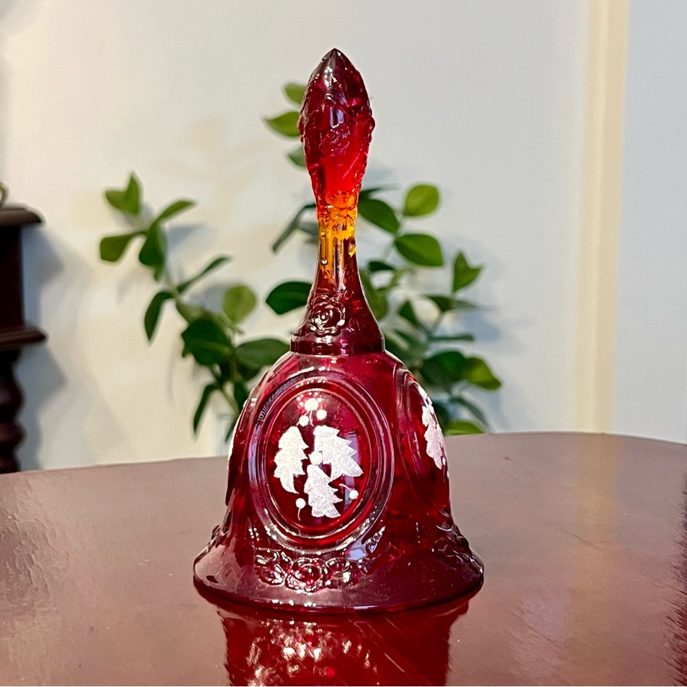 Fenton Amberina Red Bell Hand Painted Ruby Holly Medallion Signed GLOWS 1970s